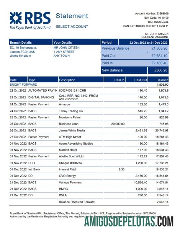 Extrato bancário do Reino Unido Royal Bank Of Scotland (RBS) para download, modelo Word e PDF